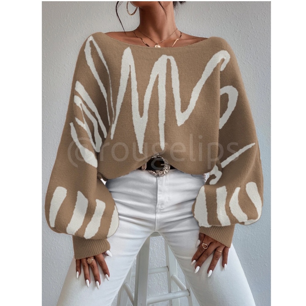 Knit Graphic Pullover Sweater Off White Tan Camel Bishop Sleeve - Picture 7 of 11